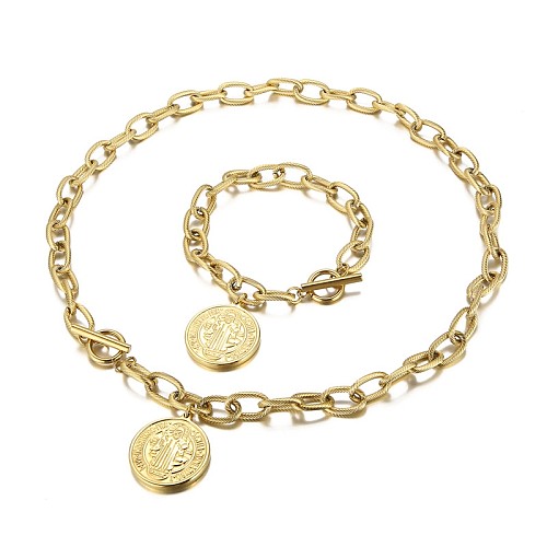 Cross-border Stainless Steel Exaggerated Golden Necklace Bracelet Retro Portrait Coin Set
