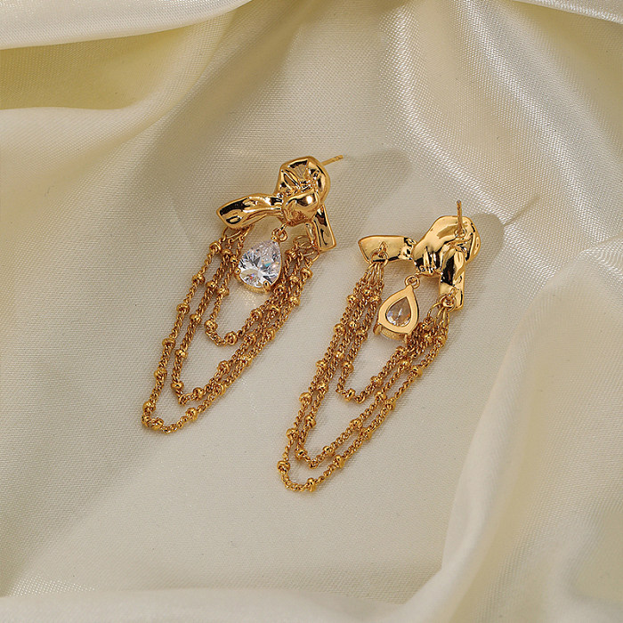 1 paire de boucles d'oreilles pendantes plaquées or 18 carats, Style Simple, incrustation de couleur unie, cuivre et Zircon