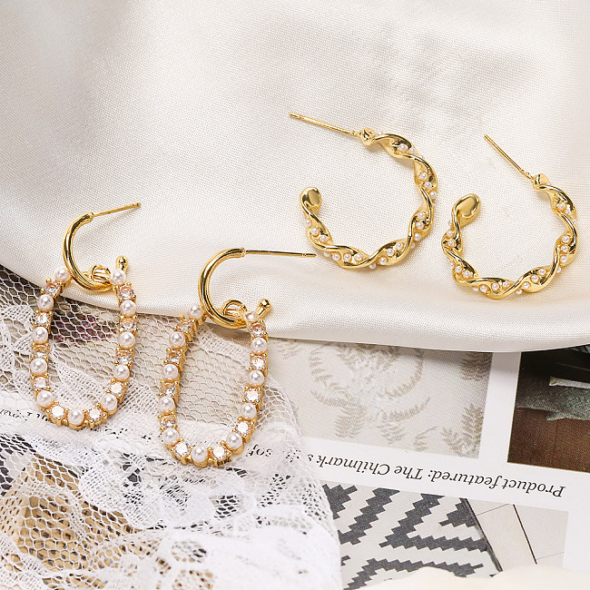 1 Pair Simple Style Solid Color Plating Inlay Copper Artificial Pearls Zircon 18K Gold Plated Ear Studs