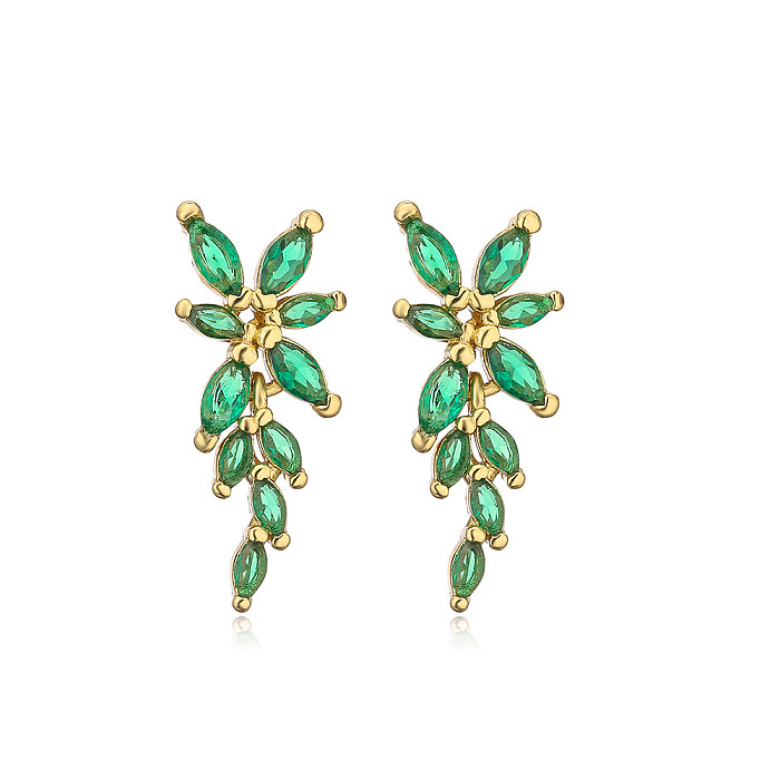 Fashion Leaf Copper Inlay Zircon Drop Earrings 1 Pair
