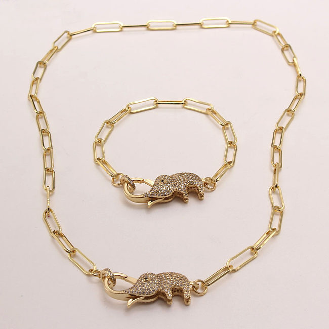 IG Style Elephant Copper Plating Inlay Zircon Gold Plated Bracelets Necklace