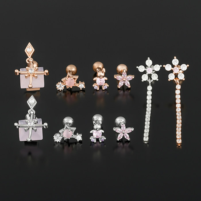 1 Piece IG Style Simple Style Geometric Flower Plating Inlay Brass Zircon 18K Gold Plated White Gold Plated Ear Studs
