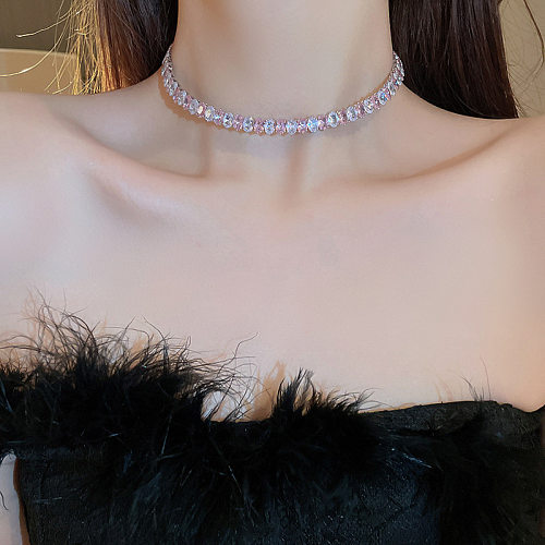 Glam Shiny Oval Copper Plating Inlay Zircon White Gold Plated Choker