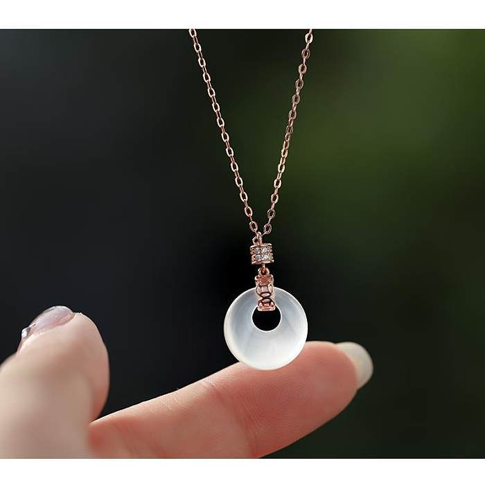 Elegant Round Copper Inlay Rhinestones Jade Rose Gold Plated Silver Plated Pendant Necklace