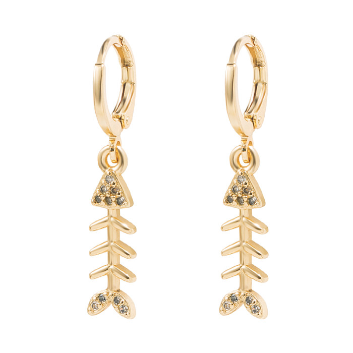 Elegant Fish Bone Copper Gold Plated Zircon Drop Earrings 1 Pair