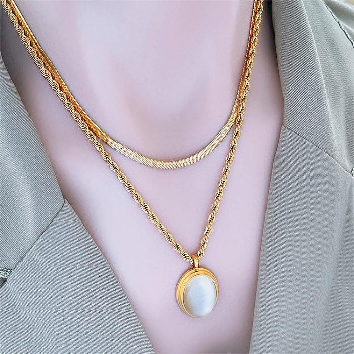 INS Style rond ovale titane acier incrusté opale femmes boucles d'oreilles collier