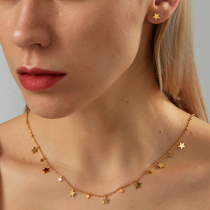 Mode Pentagramm Edelstahl vergoldet Ohrringe Halskette 1 Set
