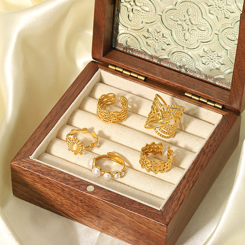 Estilo vintage cor sólida chapeamento de aço inoxidável pérola incrustada anéis abertos banhados a ouro 18K