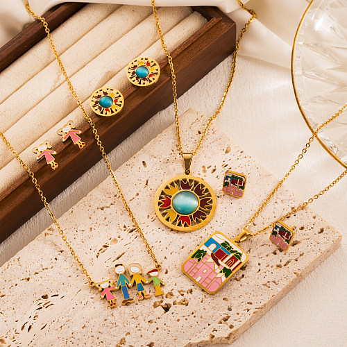INS Style Retro Cartoon Round Square Stainless Steel Enamel Plating 18K Gold Plated Earrings Necklace