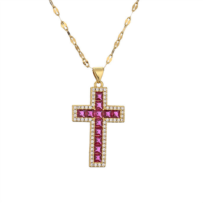 1 Piece Fashion Cross Copper Plating Inlay Zircon Pendant Necklace