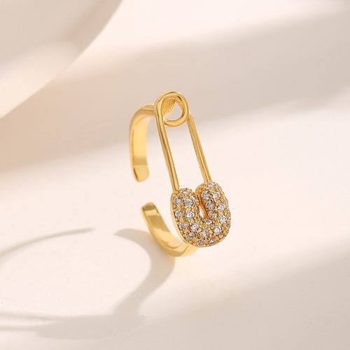 Modern Style Simple Style Paper Clip Copper Plating Hollow Out Inlay Zircon 18K Gold Plated Open Rings