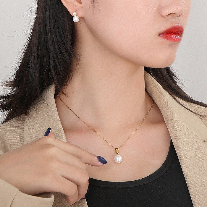 Mode geometrische Titan Stahl Inlay künstliche Perlen Strass Damen Ohrringe Halskette