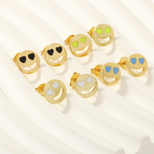 1 Pair Simple Style Heart Shape Smiley Face Enamel Plating Copper 18K Gold Plated Ear Studs