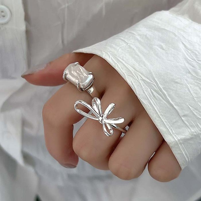 Elegant Bow Knot Rectangle Copper Inlay Artificial Pearls Open Ring