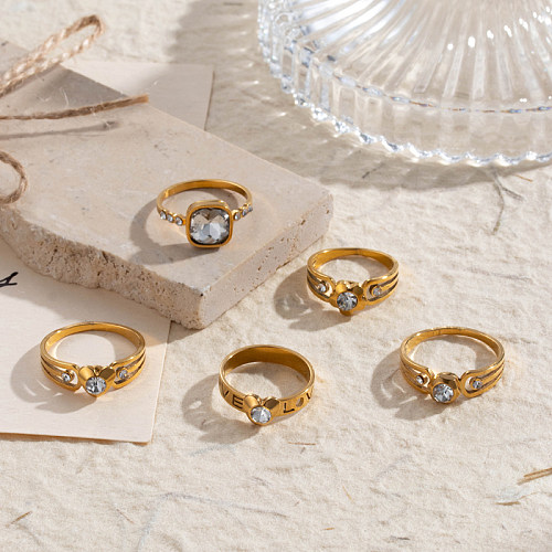 Elegant Lady Korean Style Geometric Heart Shape Flower Stainless Steel 18K Gold Plated Rhinestones Rings In Bulk