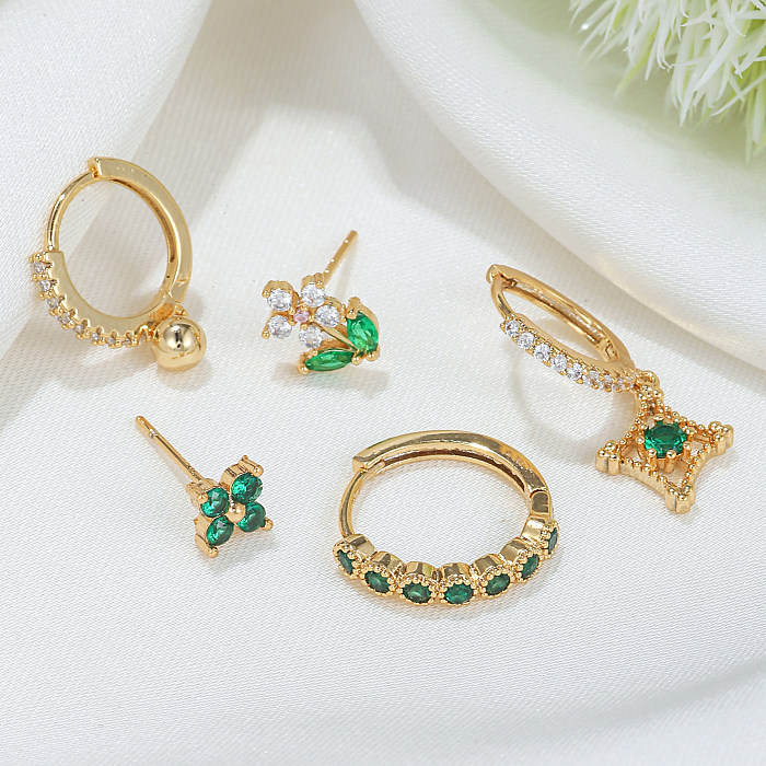 Fashion Leaves Flower Copper Gold Plated Zircon Earrings 5 Piece Set