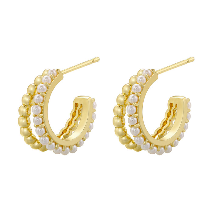 1 Pair Casual Elegant Simple Style C Shape Circle Plating Hollow Out Inlay Copper Artificial Pearls Zircon 18K Gold Plated Earrings