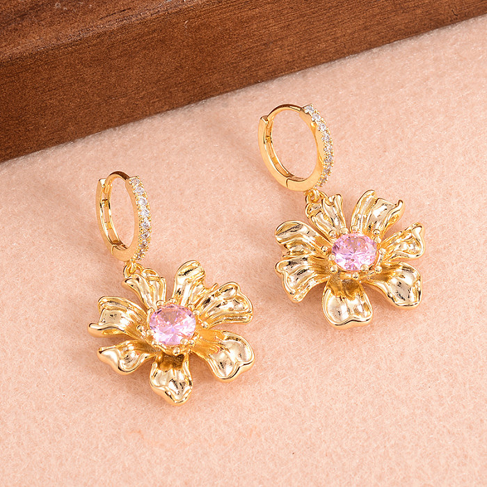 1 Pair Glam Flower Plating Inlay Copper Zircon Gold Plated Drop Earrings