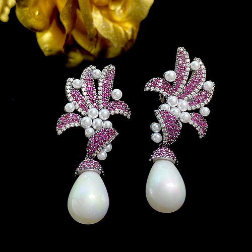 1 Pair Shiny Flower Inlay Copper Artificial Pearls Zircon Drop Earrings