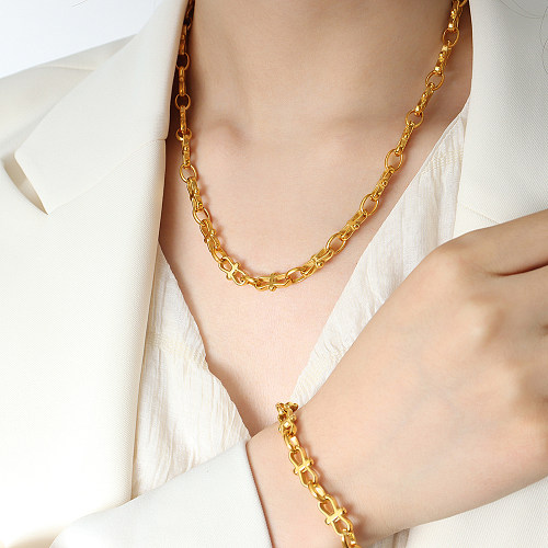 Schlichter Stil, einfarbig, Titanstahlbeschichtung, 18 Karat vergoldete Armbänder, Halskette
