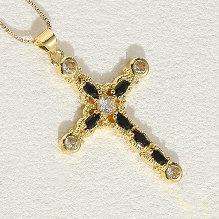 Elegant Luxurious Classic Style Cross Copper Plating Inlay Zircon 14K Gold Plated Pendant Necklace