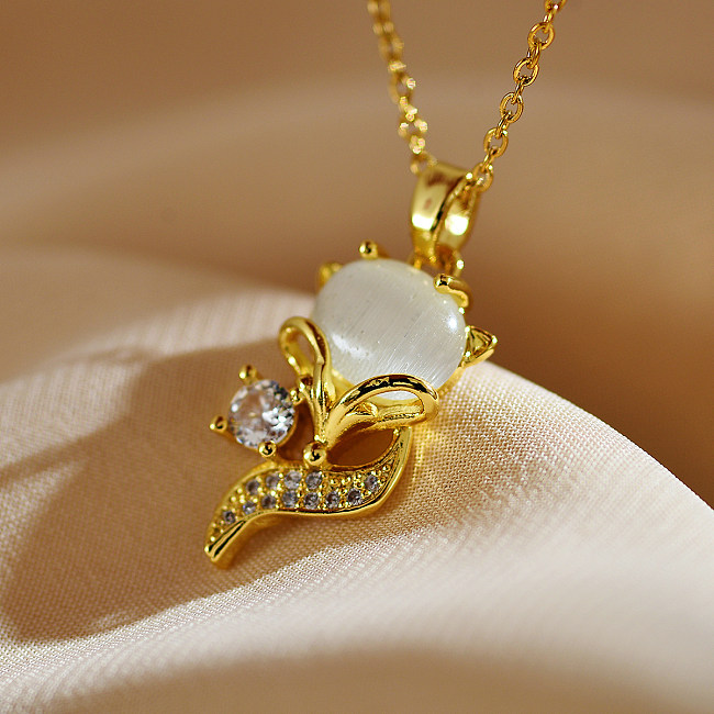 Cute Fox Copper Brass Gold Plated Zircon Charms Necklace In Bulk