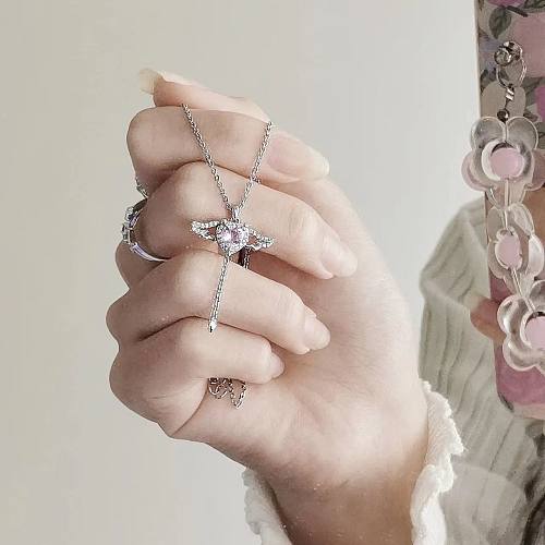 Sweet Heart Shape Wings Copper Plating Hollow Out Inlay Zircon Pendant Necklace