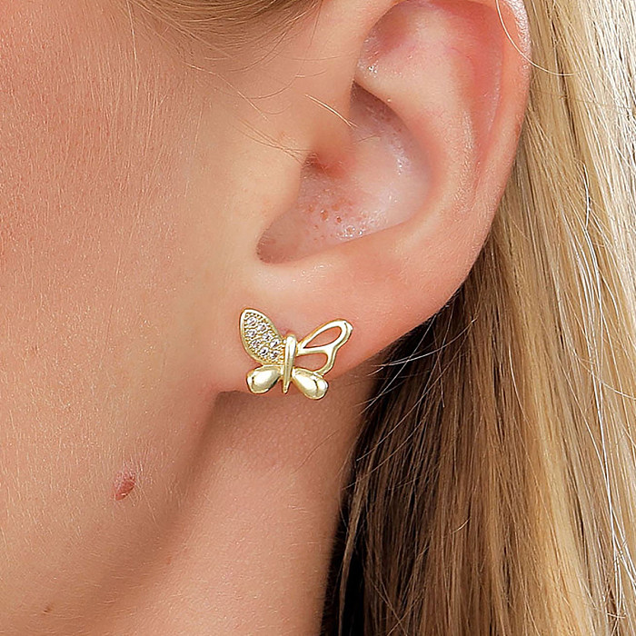 Simple Style Flower Butterfly Snowflake Copper Gold Plated Zircon Ear Studs 1 Pair