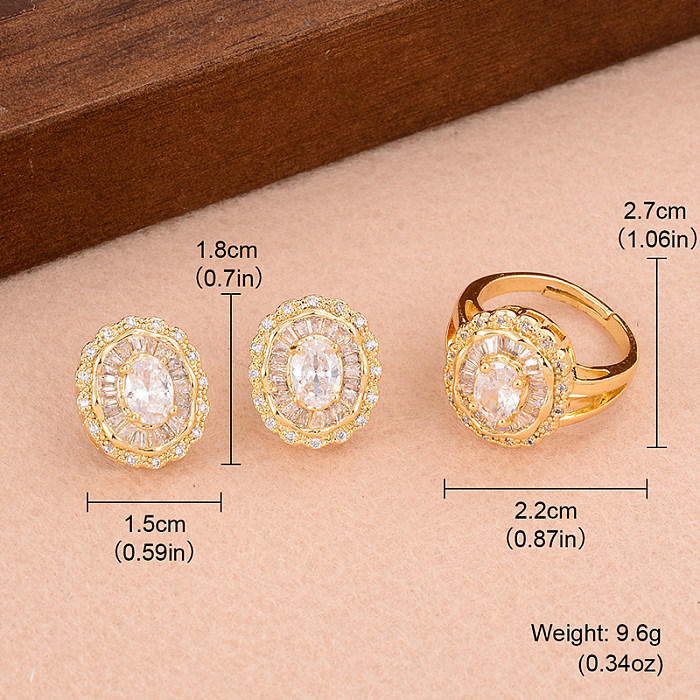 Estilo francés estilo clásico flor brillante chapado en cobre incrustaciones anillos de circón pendientes conjunto de joyería