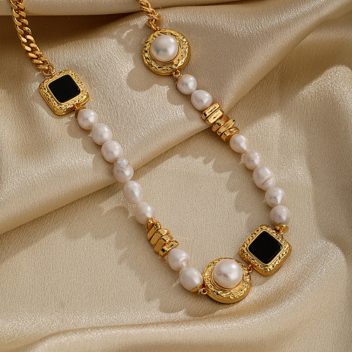 IG Style Elegante Halskette mit runder, quadratischer Kupferperlenbeschichtung, Süßwasserperle und Zirkon, 18 Karat vergoldet