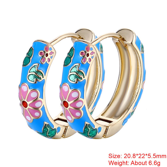 1 Pair Sweet Flower Enamel Plating Copper 18K Gold Plated Hoop Earrings