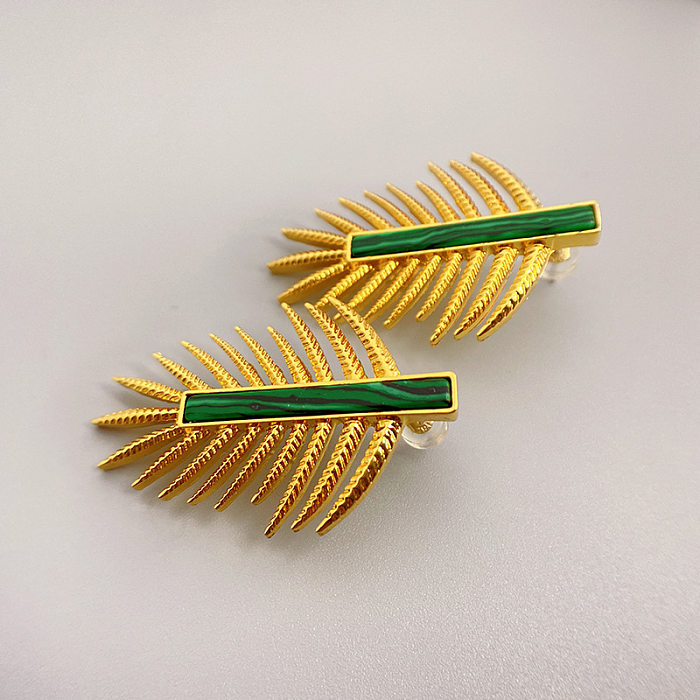 1 Pair Beach Leaf Copper Plating Inlay Artificial Gemstones Ear Studs