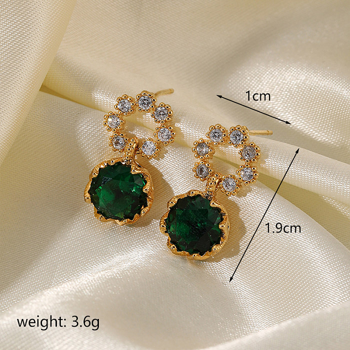1 Pair Vintage Style Simple Style Round Plating Inlay Copper Glass Zircon 18K Gold Plated Drop Earrings