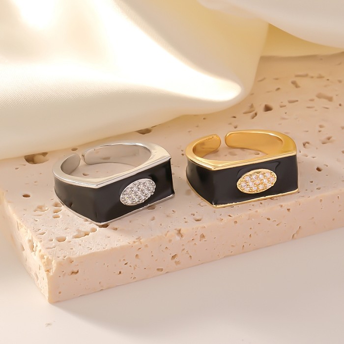 Simple Style Square Copper Enamel Plating Inlay Zircon Open Rings