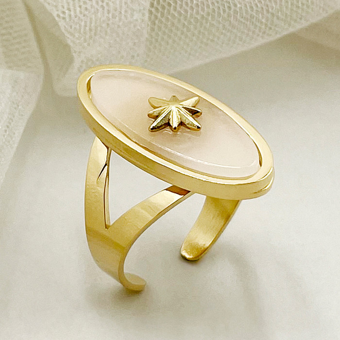 Anel aberto banhado a ouro 14K com revestimento de aço inoxidável oval estrela retrô elegante