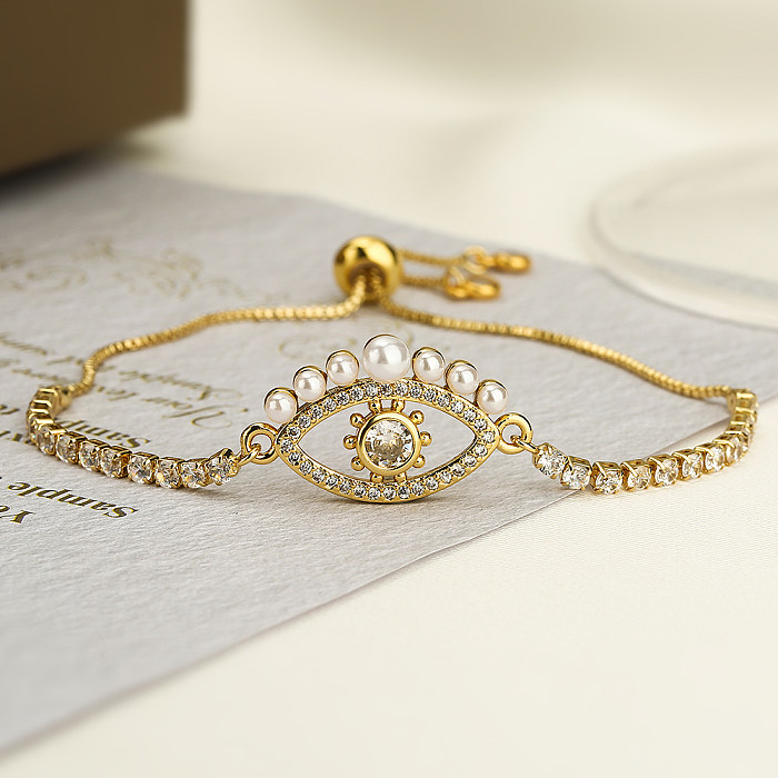 Bracelets plaqués or 18 carats en Zircon avec incrustation de fleurs et d'oeil du diable de Style Simple, perles artificielles