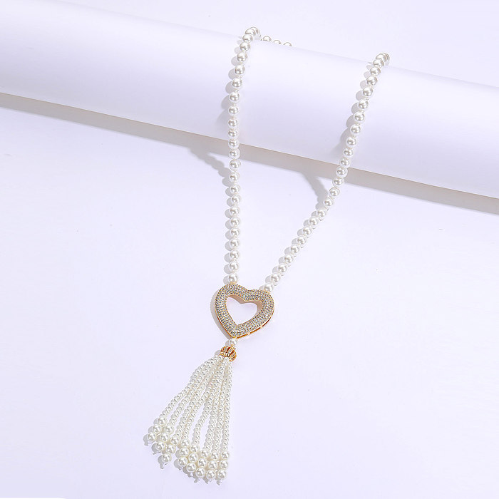 Elegant Heart Shape Ball Butterfly Copper 18K Gold Plated Artificial Pearls Zircon Long Necklace In Bulk