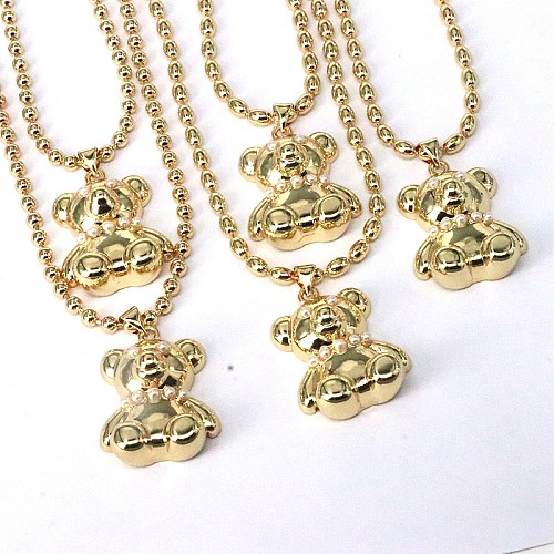 Collier pendentif décontracté hip-hop petit ours en cuivre avec incrustation de perles plaquées or