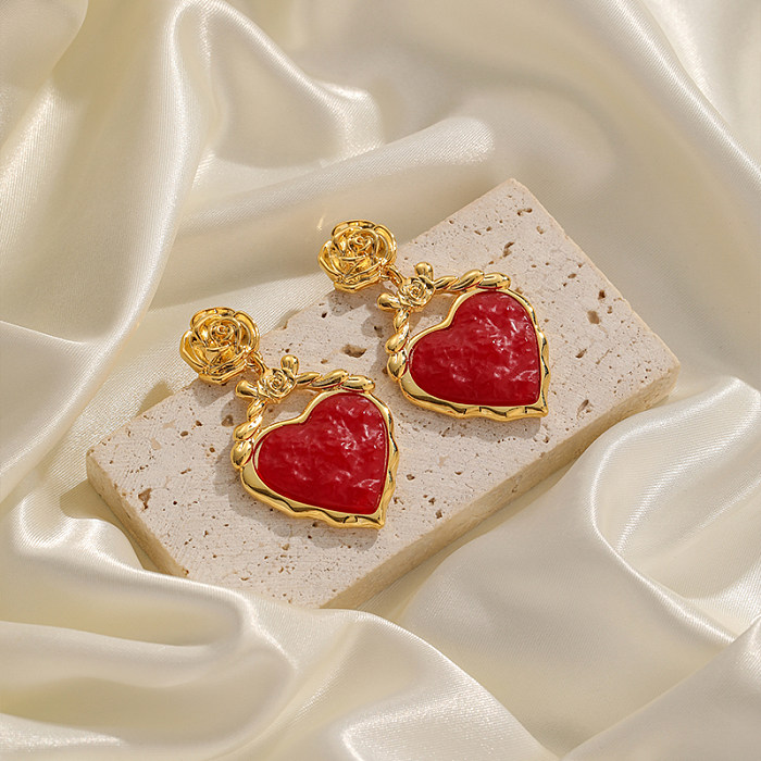 1 Pair Elegant Retro Heart Shape Flower Plating Inlay Copper Resin 18K Gold Plated Drop Earrings