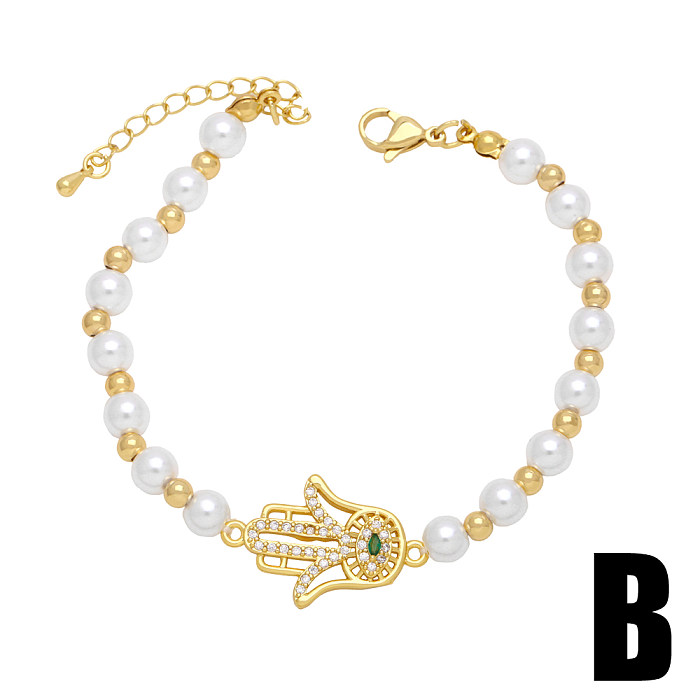 IG Style Streetwear Leaves Flower Imitation Pearl Copper Beaded Plating Inlay Zircon 18K Gold Plated Bracelets