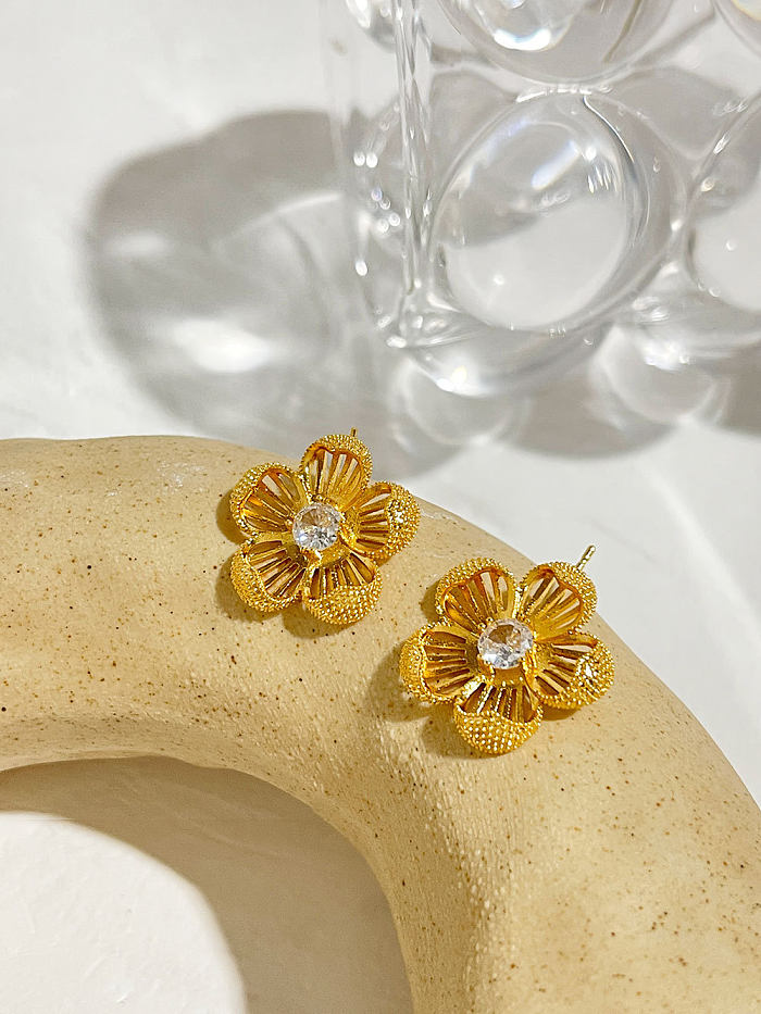 1 par de pendientes de circonita de cobre con incrustaciones de flores elegantes e informales
