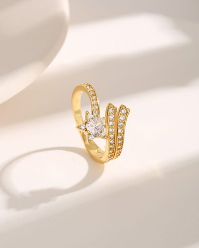 Básico luxuoso brilhante pentagrama chapeamento de cobre embutimento zircão anéis abertos banhados a ouro 18K