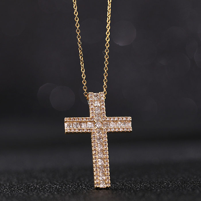 IG Style Shiny Cross Copper Plating Inlay Zircon Pendant Necklace