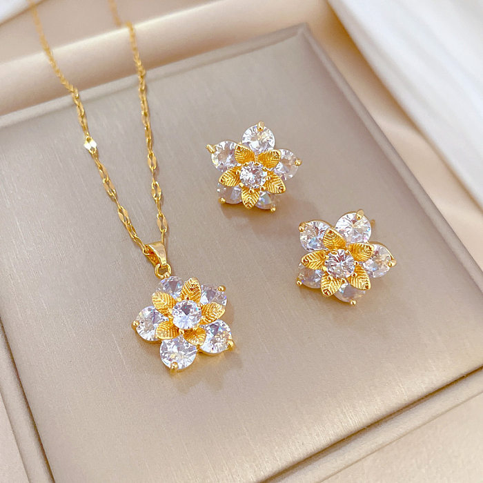 Luxuriöse Blumen-Titanstahl-Kupfer-Inlay-Zirkon-Ohrringe-Halskette