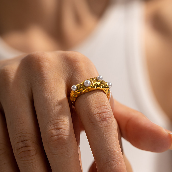 Anéis abertos banhados a ouro 18K com revestimento de aço inoxidável pérola estilo IG