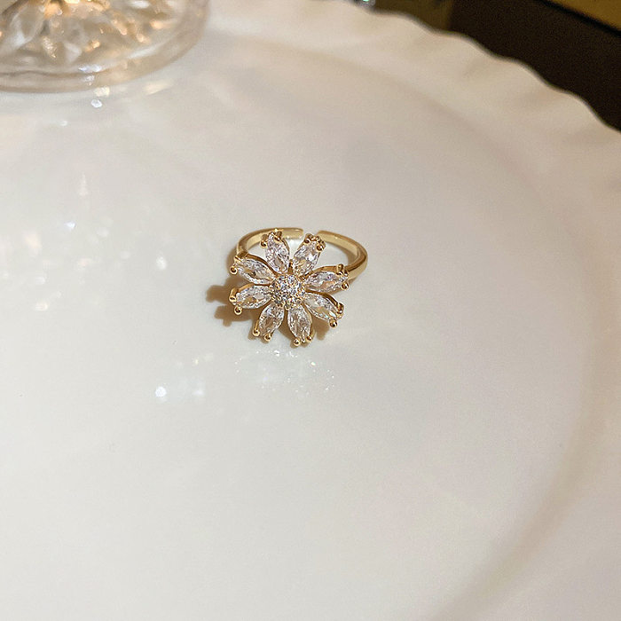 Anillo abierto de circón con incrustaciones de perlas de cobre, nudo de lazo de flor en forma de corazón a la moda, 1 pieza