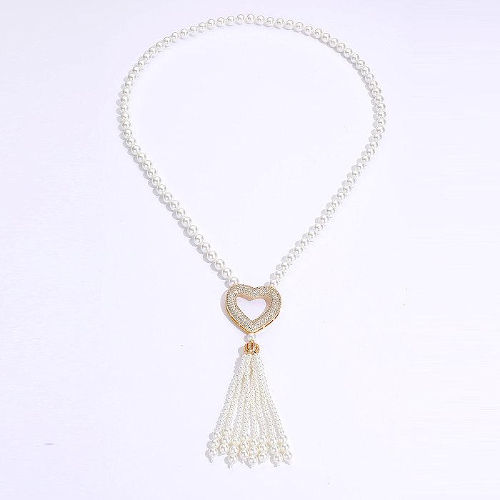 Elegant Heart Shape Ball Butterfly Copper 18K Gold Plated Artificial Pearls Zircon Long Necklace In Bulk