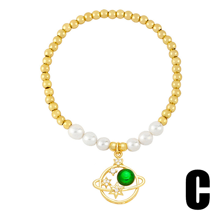 Original Design Starry Sky Moon Imitation Pearl Copper Beaded Charm Inlay Zircon 18K Gold Plated Bracelets