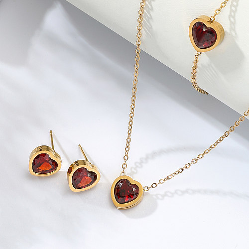 New Simple Stainless Steel Inlaid Garnet Zircon 18K Gold Heart Necklace Earrings Bracelet Set