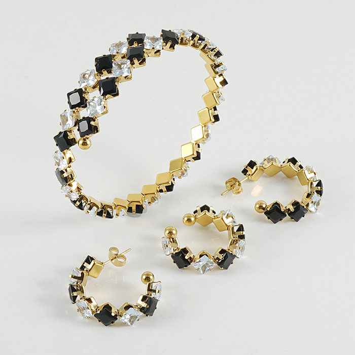 Fashion Square Titanium Steel Plating Inlay Rhinestones Rings Bracelets Earrings 1 Set